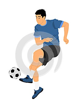 Soccer player kick the ball in action vector illustration isolated on white background. Football player battle for the ball.