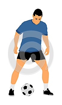 Soccer player kick the ball in action vector illustration isolated on white background. Football player battle for the ball.