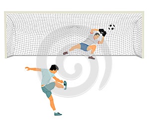 Soccer player kick ball, takes the penalty against goalkeeper vector illustration isolated on white