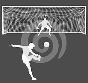 Soccer player kick ball, takes the penalty against goalkeeper vector silhouette isolated on background. Goal net construction.