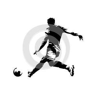 Soccer player kicking ball, abstract isolated vector silhouette, footballer logo, ink drawing, rear view