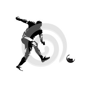 Soccer player kicking ball, abstract isolated vector silhouette, footballer logo, ink drawing, side view