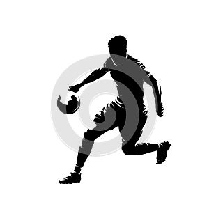 Soccer player kicking ball, football, isolated vector silhouette