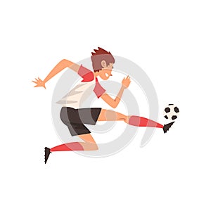 Soccer Player Kicking Ball, Football Player Character in Sports Uniform Training and Practicing Football Vector