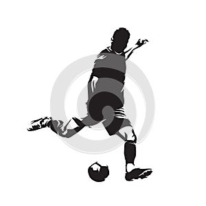 Soccer player kicking the ball, footballer. Isolated vector silhouette, ink drawing