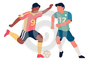 Soccer player kicking ball in front of another team member. Shot attempt