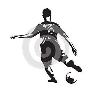Soccer player kicking ball, front view. Footballer isolated vector silhouette