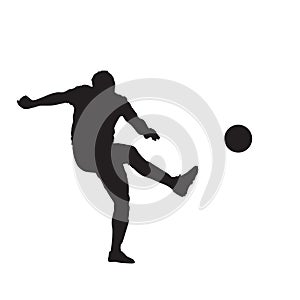 Soccer player kicking ball, isolated vector silhouete. Footballer playing soccer