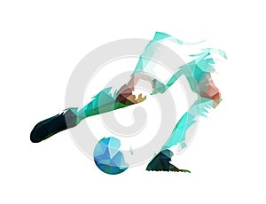 Soccer player kicking ball, legs and ball, low polygonal isolated vector illustration. Geometric football logo