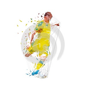 Soccer player kicking ball, low poly footballer shoots and scores a goal, geometric isolated vector illustration from