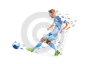 Soccer player kicking ball, low polygonal footballer. Geometric isolated vector illustration from triangles