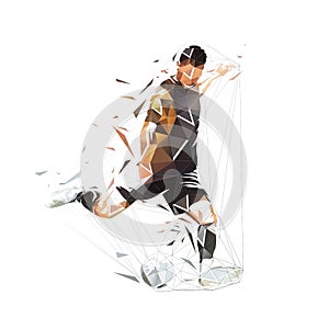 Soccer player kicking the ball, low polygonal footballer. Isolated geometric vector illustration from triangles