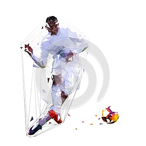 Soccer player kicking ball, low polygonal vector illustration. Football player
