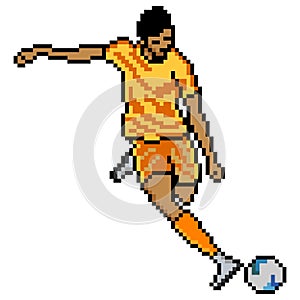 Soccer player kicking ball with pixel art.