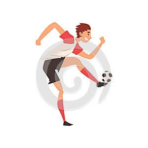 Soccer Player Kicking Ball, Professional Football Player Character in Uniform Training and Practicing Soccer, Front View