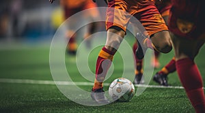soccer player kicking ball, soccer ball in action, close-up of football player, football scene in the stadium, ball with player