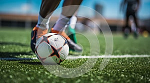 soccer player kicking ball, soccer ball in action, close-up of football player, football scene in the stadium, ball with player