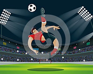 Soccer Player Kicking Ball in stadium. Light, stands, fans.