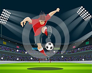 Soccer Player Kicking Ball in stadium. Light, stands, fans.