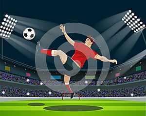 Soccer Player Kicking Ball in stadium. Light, stands, fans.