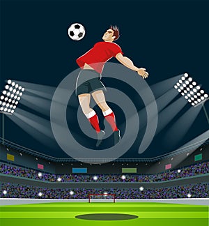 Soccer Player Kicking Ball in stadium. Light, stands, fans.