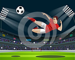 Soccer Player Kicking Ball in stadium. Light, stands, fans.