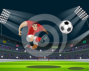 Soccer Player Kicking Ball in stadium. Light, stands, fans.