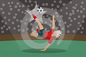 Soccer Player Kicking Ball in stadium. Light, stands, fans. Stock Vector Illustration in Flat Design