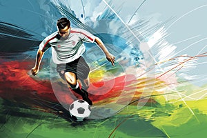 A soccer player is kicking a soccer ball on a field