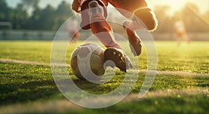 a soccer player kicks a ball on the field