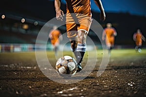 Soccer player kicks the ball with his feet