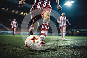 Soccer player kicks the ball with his feet