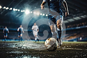 Soccer player kicks the ball with his feet