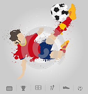 Soccer player kicks the ball with paint splatter design photo