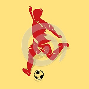 Soccer player kicks on the ball, red silhouette on a beige background,