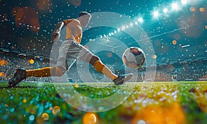 A soccer player kicks ball on vibrant stadium field under bright stadium lights. Excitement fills air as the player makes decisive