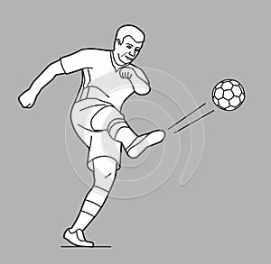 Soccer player man playing football jumping with ball. Vector black illustration on gray