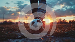 Soccer player performing freestyle tricks with a soccer ball at sunset on a grass field photo
