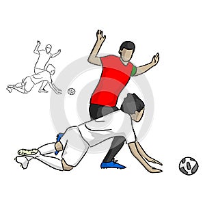 Soccer player in red jersey shirt attacking the opponent in the