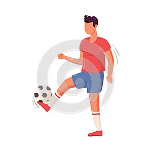 Soccer player in the red t-shirt hits the ball. Vector illustration in flat cartoon style.