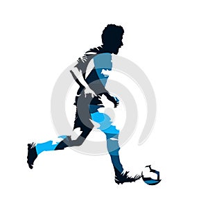 Soccer player running with ball, abstract blue isolated vector silhouette