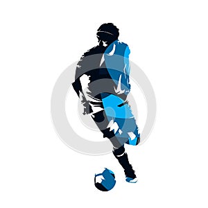 Soccer player running with ball, abstract blue vector silhouette