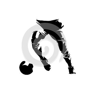 Soccer player running with ball, abstract isolated vector silhouette. Footballer ink drawing, comic style