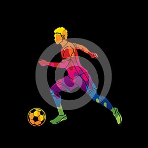 Soccer player running with soccer ball action graphic vector.