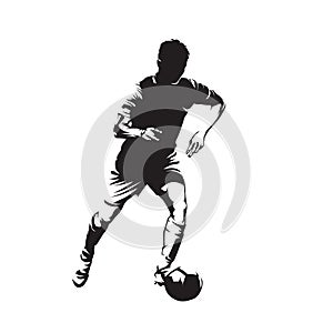 Soccer player running with ball, footballer isolated vector silhouette. Ink drawing. Front view