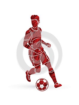 Soccer player running with soccer ball graphic vector.