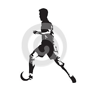 Soccer player running with ball, isolated vector silhouette, side view footballer