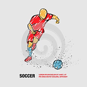 Soccer player running with the ball. Vector outline of soccer player with scribble doodles.