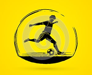 Soccer player running and kicking a ball action action graphic vector.