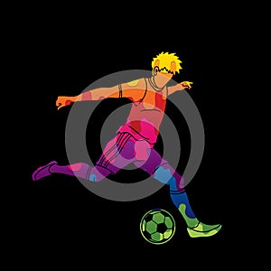 Soccer player running and kicking a ball action graphic vector.